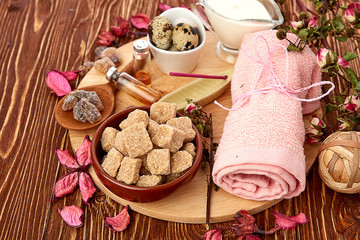 Composition of spa treatment on wooden background