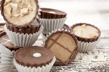 Dark chocolate on wooden background