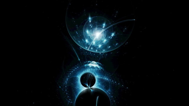 Blue objects with lights rotating over black background, fiction