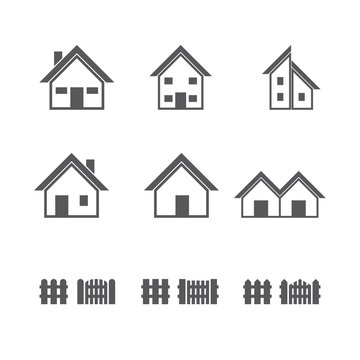 Houses and Fence icons set. Vector illustration