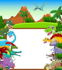 Dinosaur cartoon with landscape background and blank sign © jihane37