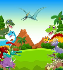 Dinosaur cartoon with landscape background - 79877307