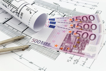 Architectural drawings (house) with euro banknotes and compass
