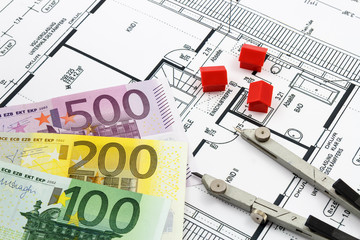Fototapeta na wymiar Architectural drawings (house) with euro banknotes and compass