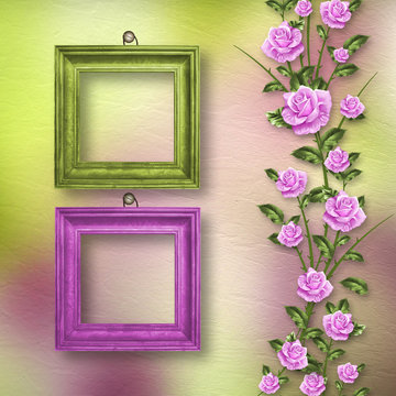 Drawing beautiful bouquets of roses with wooden frame on pastel