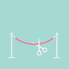 Scissors cutting pink rope silver barrier stanchions turnstile 