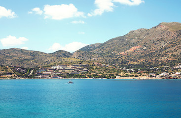 Amazing atmospheric landscape of sea, houses on island