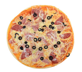 Mixed pizza from top on white background