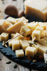 Various types of cheese on the table