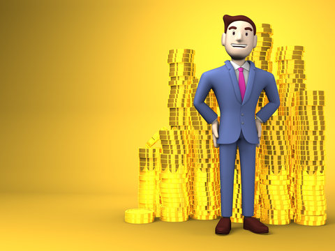 Smile Businessman With Coins On Yellow Text Space