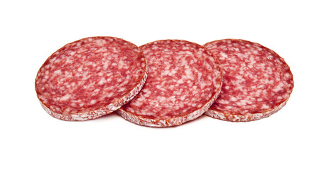 Slices of salami, isolated on a white background.