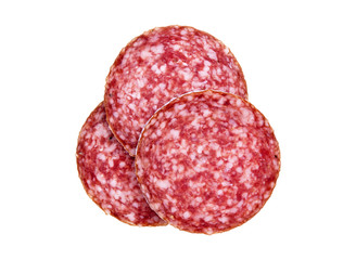 Slices of salami, isolated on a white background.