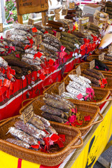 sausages, market in Nyons, Rhone-Alpes, France