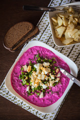 upper view of a lithuanian cold beetroot soup