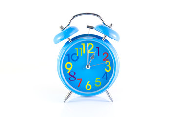 Alarm Clock isolated on white, in blue, showing one o'clock.