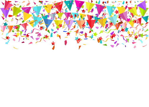 Colorful falling tiny confetti pieces and colored pennants. Vect