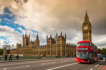 Poster Houses of Parliament en een rode bus, Londen © FredP