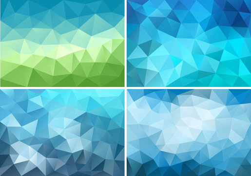 blue and green low poly backgrounds, vector set