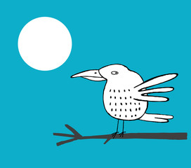 White hand drawn bird on a branch and full moon, at night, vecto