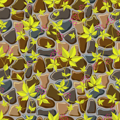 Seamless background, wild vines on the wall of natural stone.