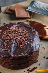 homemade chocolate torte cake on baking paper