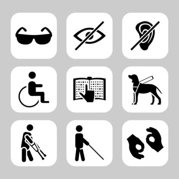 Physically disability related vector icon set