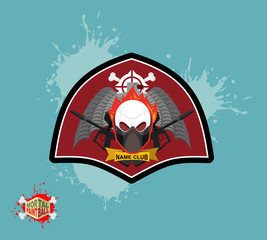 Paintball logo. skul protection mask. Heraldic Shield with wings