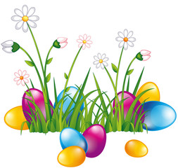 versteckte Ostereier im Blumenfeld