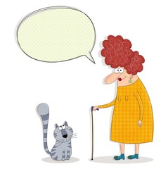 Cartoon characters. Old woman and cat conversing