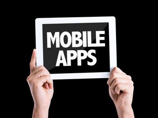 Tablet pc with text Mobile Apps isolated on black