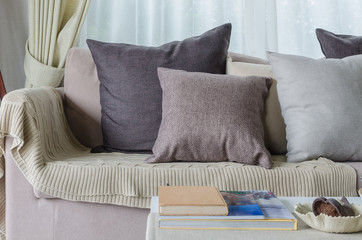 pillows and blanket on earth tone sofa in living room