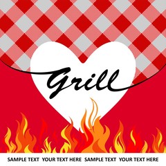 White grill heart on red striped background with flames