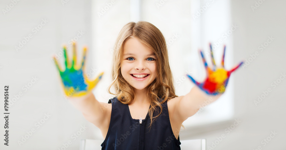 Wall mural girl showing painted hands