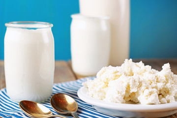 Assortment of diary products for breakfast (homemade cottage che