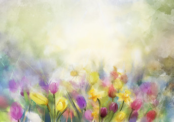 Obrazy na Szkle  Malarstwo akwarelowe, żonkile i tulipany