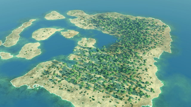 Aerial over a tropical archipelago during sunny day