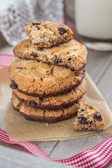 Pile of chocolate cookies with a glass of milk