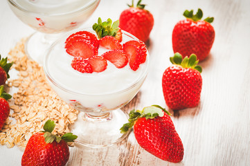 Juicy and healthy strawberries with breakfast cereals for breakf