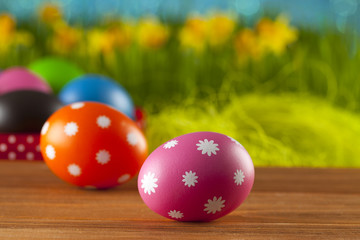 Colored Easter eggs on blue background