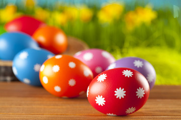 Colored Easter eggs on blue background
