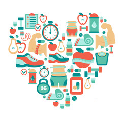 Naklejka premium Heart symbol with fitness flat icons
