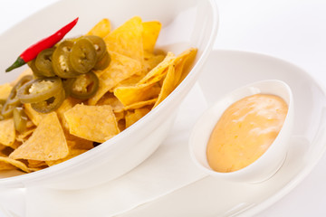 Nachos with cheese sauce and chilli pepperoni
