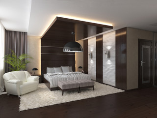 Bedroom in a private house in brown and beige colors