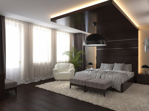 Bedroom in a private house in brown and beige colors