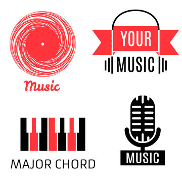Set of four music logotypes (record,microphone,piano,headphones)