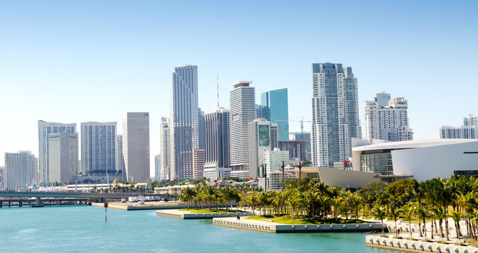 Panoramic view of the downtown Miami skyline, Florida, USA.