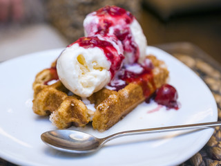 waffle with ice cream and cherry