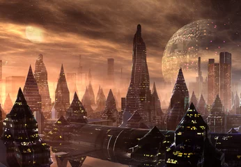 Fotobehang Futuristic Alien City - Computer Artwork © diversepixel
