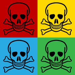 Pop art skull and bones danger sign symbol icons.