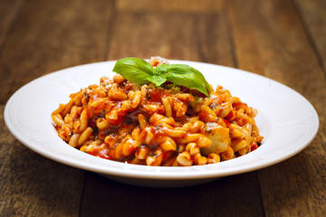 Gemelli pasta with homemade tomato and zucchini sauce